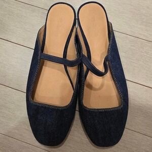 Madewell Navy denim mules with a Mary Jane style